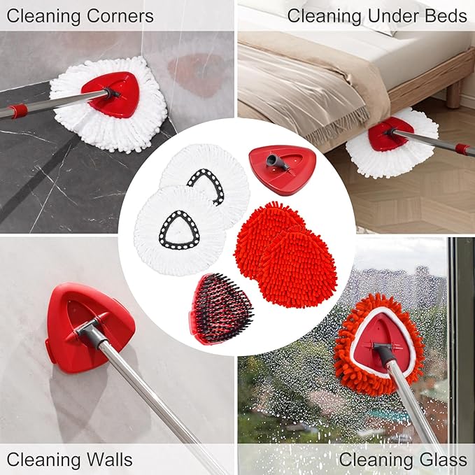 Mop Heads Replacement Compatible with O-Cedar EasyWring 1-Tank System, Includes 2 Microfiber + 2 Chenille Refills + 1 Scrub Brush + 1 Spin Mop Base for Hard Floor Cleaning