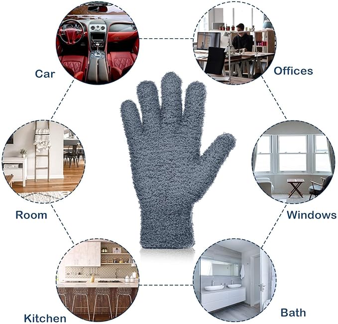 Patelai 2 Pairs Microfiber Gloves for plants Dusting Cleaning Glove Mittens House Cars Blinds Dusting(Gray, Dark Blue,Large)
