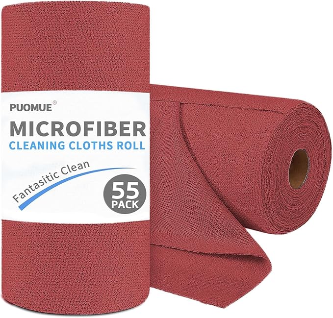 Puomue 55 Pack Microfiber Cleaning Cloth Roll, Tear Away Reusable Towels, 11" X 9", Ultra Absorbent & Lint Free Microfiber Cloth for Cleaning, Kitchen, Window, and Shop (Burgundy Red, 9”X11”-55PK)