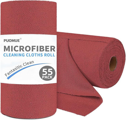Puomue 55 Pack Microfiber Cleaning Cloth Roll, Tear Away Reusable Towels, 11" X 9", Ultra Absorbent & Lint Free Microfiber Cloth for Cleaning, Kitchen, Window, and Shop (Burgundy Red, 9”X11”-55PK)