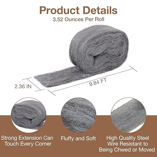 Steel Wool Mice Control - 3 Pcs 2.36"×9.84Ft Steel Wool for Wall Hole/Gap Filler - Best Thing to Get Rid of Mice - Keep Animals Away from Cracks,Siding,Pipeline,Vents in Garden/House/Garage/Kitchen