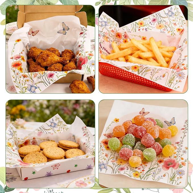 FOIMAS 150pcs Spring Wildflower Wax Paper,9.8x9.8 In Floral Butterfly Food Deli Paper Greaseproof Sandwich Paper Basket Liner for Spring Picnic Birhthday Baby Shower Wedding Party Supply