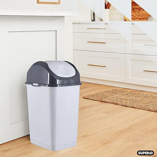 Superio Kitchen Trash Can with Swing Top Lid 9 Gallon Slim Waste Bin 37 Qt Sturdy Plastic Garbage Can Medium Recycling Bin for Office, Bathroom, Under Counter, Dorm, Bedroom (Smoke White/Grey)