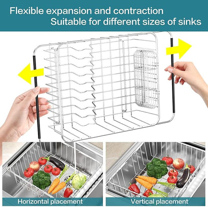 Large Dish Drying Rack in Sink Expandable, Adjustable304 Stainless Steel Metal Dish DrainerRack Organizer with Stainless Steel Utensil Holder Over Inside Sink Counter, Rustproof