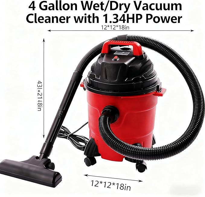 Mini Shop Vac, 4 Gallon Commercial Mini Wet Vac, 1.34hp Portable Heavy-Duty Wet/Dry Small Shop Vacuum with Hepa Filter, for Hotels, Guest Houses, Offices (39ft Cleaning Range)