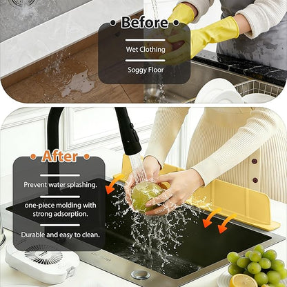 20Inch Silicone Sink Splash Guard with Strong Suction Cups, Flexible Kitchen Sink Splash Guard for Front/Back of Sink, Easy to Clean Splash Guard for Kitchen & Bathroom (Yellow, 20.5''x2.8'')