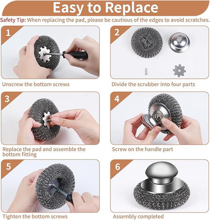 15Pcs Steel Wool Scrubber with Replacement Wire Sponge Pads Set, Stainless Steel Scrubber with Handle for Scouring Messes from Cast Iron, Frying pan, Pots, Pans, Grill, Stoves, Sink