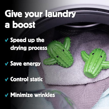 Kikkerland Set of Two Reusable Dyer Buddies for Laundry – Fabric Softener Dryer Balls – Control Static, Remove Wrinkles, Dry Clothes Faster, Cactus