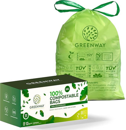 GREENWAY 13 Gallon Compostable Drawstring Trash Bags – Extra Thick 1.0 Mil – 50 Count – BPI & OK Home Certified – Leak‑Proof Kitchen Garbage Bags for Food Waste, Diaper Pails & Tall Bins