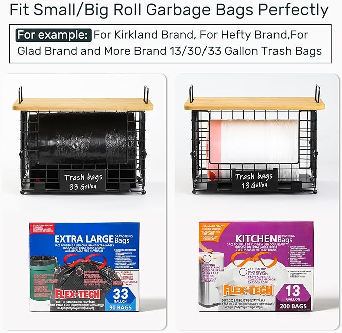 Upgrade Larger, Fit 13/30/33+ Gallon Trashbag Perfectly - 2 SET Stackable Trash Bag Holder with Tags & Bamboo Top, Garbage Bag Dispenser Stand, Kitchen Pantry Under Sink Laundry Room Organizer Basket