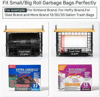Upgrade Larger, Fit 13/30/33+ Gallon Trashbag Perfectly - 2 SET Stackable Trash Bag Holder with Tags & Bamboo Top, Garbage Bag Dispenser Stand, Kitchen Pantry Under Sink Laundry Room Organizer Basket