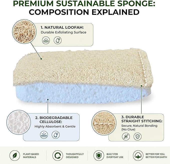 Eco Kitchen Sponges - Plant Based Cellulose & Natural Loofah Scrub Sponge - Biodegradable Dish Sponge - 6 Pack - by Janté Co.