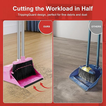 Tiumso Broom with Dustpan Combo Set, 51'' Broom and Dustpan Set, Brooms and Dust Pan with Handle, Brooms with Standing Dustpans, House Broom for Pets Hair and Floor Cleaning - Pink