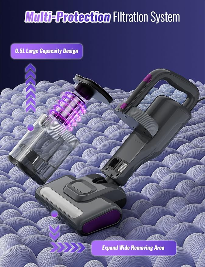 Bed Mattress Vacuum Cleaner New Folding Design - 18 Kpa Cleaner Vacuum with HEPA Filter, 253.7nm UV-C Light and 140°F Heat - Powerful Handheld Vacuums for Bed Couch Crib Carpet