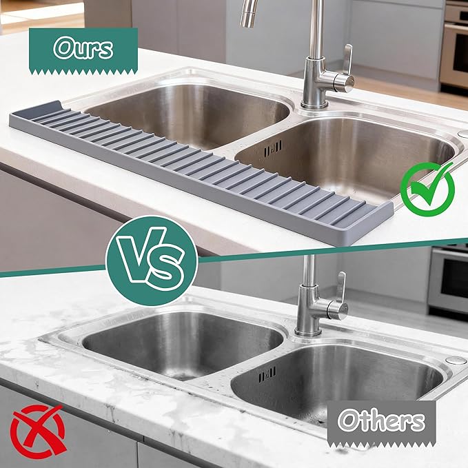 Silicone Sink Edge Protector Splash Guard, 30x4 Inch with Suction Cups & 5°Tilt, Cuttable for Kitchen Bathroom Countertops, Granite Quartz Surfaces (Gray)