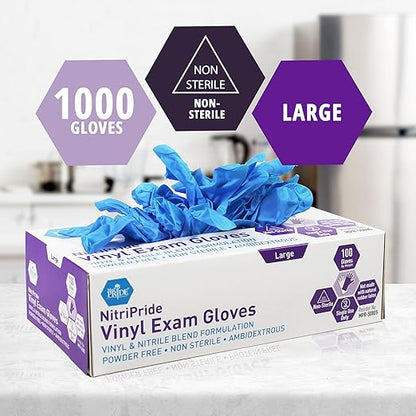 MED PRIDE Nitrile/Vinyl Blend Exam Gloves, Powder-Free, Latex-Free, Disposable, Non-Sterile, Blue, Large (Case of 1000)