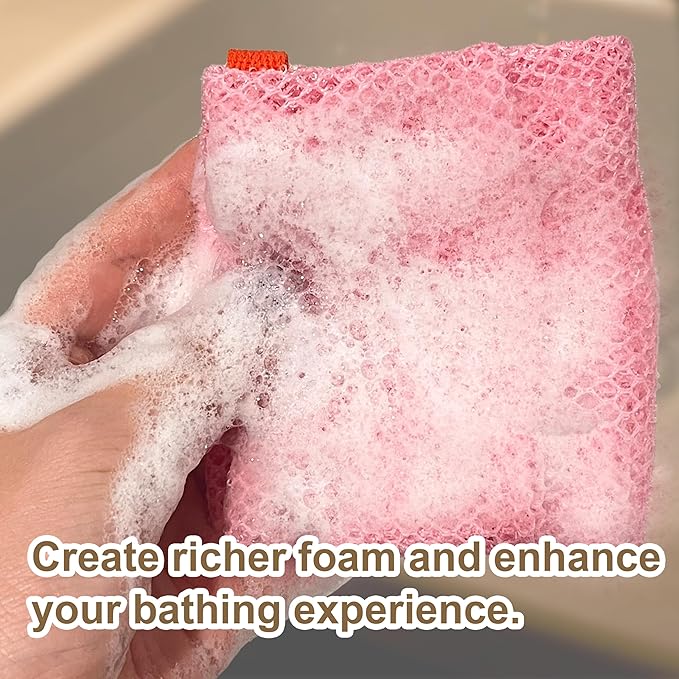 2 Pack Soap Bag Deep Exfoliating,Bar Soap Pouch Saver Pocket,Body Scrubber Shower Bath Sponge Loofah (Pink)