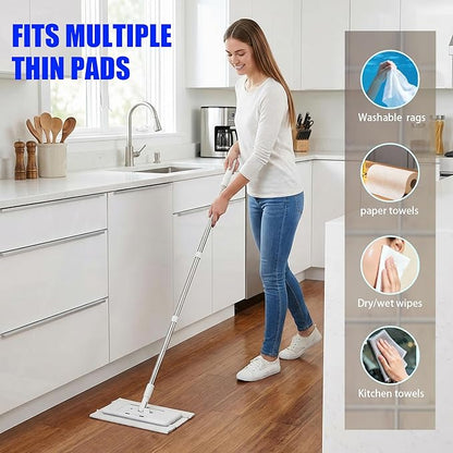 Upgrade Push Clamp Mop Kit - 2-in-1 Full Size Press Grip Lazy Sweeper Mop with Convenient Cloth Changing, Compatible with Swiffer Pads, Hardwood Tile Marble Floor Cleaning, 52in with10 Dry Cloths