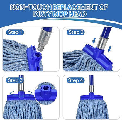 Matthew Cleaning Screw-on Heavy Duty Cotton Wet Mop Replacement Heads(Blue, Large,6 Pack) with 2 Pack Microfiber Cloth for Residential & Commercial Floor Cleaning Use- Fit Standard American Screw