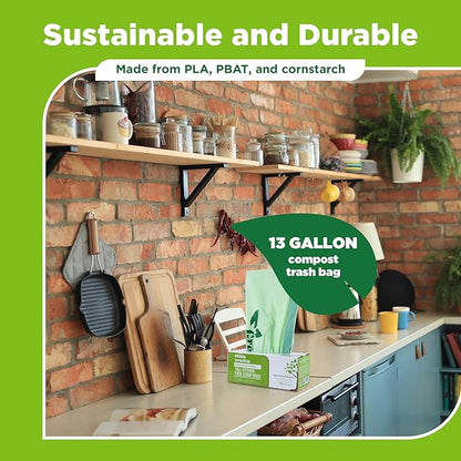 13 Gallon Compostable Trash Bags with Drawstring, 30 Count, 1 Mil, Tall Kitchen Food Scrap Compost Bags, BPI Certified, ASTM D6400, Compostable Garbage Bags, Unscented, 13 Gal