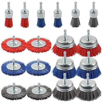 Rocaris 18 Pack Nylon Filament Abrasive Wire Brush Wheel & Cup Brush Set with 1/4 Inch Hex Shank, for Removal of Rust/Corrosion/Paint - 80 Grit, 120 Grit, 240 Grit