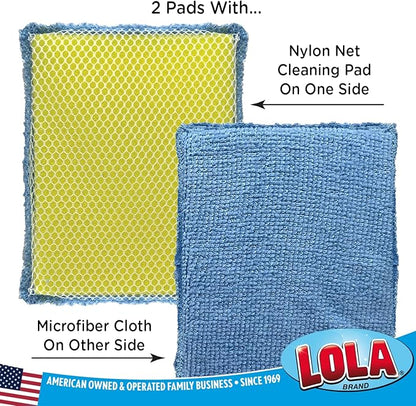 LOLA Microfiber & Nylon Net Sponges, 4 Pack, 2 Dual Sided Non Scratch Sponge Pads & 2 w/Microfiber Cloth One Side and Netting on the Other Side