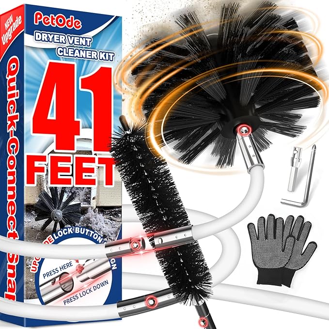 PetOde 41-Feet Dryer Vent Cleaner Kit, Lint Remover，Upgraded Flexible Quick-Snap Brush with Drill Attachment,Extends Up to 41 FEET for Easy Cleaning，Cleaning Tools Use with/Without a Power Drill（New）
