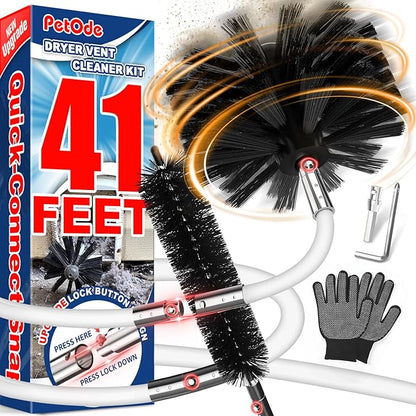 PetOde 41-Feet Dryer Vent Cleaner Kit, Lint Remover，Upgraded Flexible Quick-Snap Brush with Drill Attachment,Extends Up to 41 FEET for Easy Cleaning，Cleaning Tools Use with/Without a Power Drill（New）