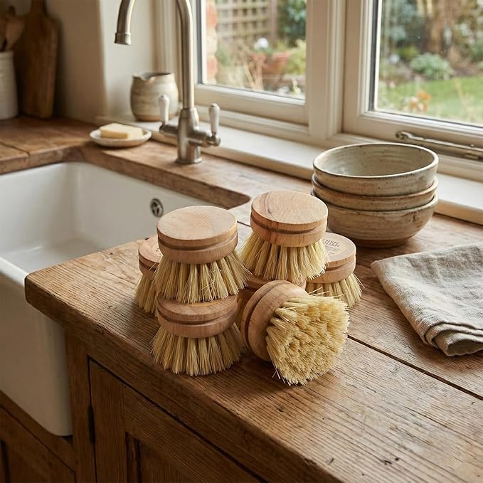 12pcs Dish Brush with Wooden Handle Natural Kitchen Brush Washing Scrubber Kitchen Dishwashing Washing Up Brushes Heads Bristle Brushes Refills for Sinks Cleaning Cast Iron Pots Pans Vegetables