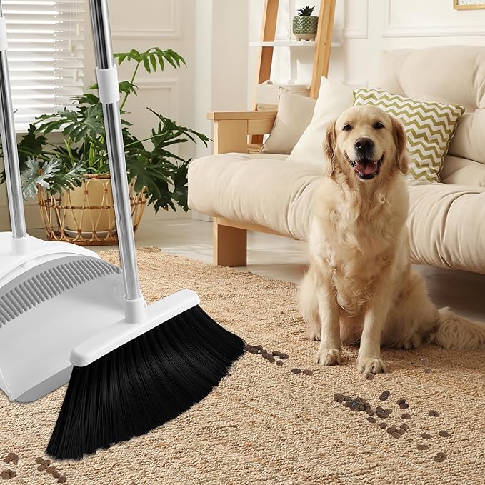Broom with Dustpan Combo Set, 52-in Adjustable Handles Broom and Dustpan Set with Combo Teeth Easy to Scrape Off Pet Hair, Indoor&Outdoor Sweeping (White)