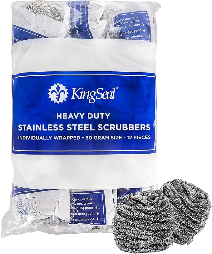 12 Count | KingSeal Stainless Steel Scrubbers, Scrub Pads, Heavy Duty, 50 gram Weight, Individually Wrapped - 1 Pack of 12