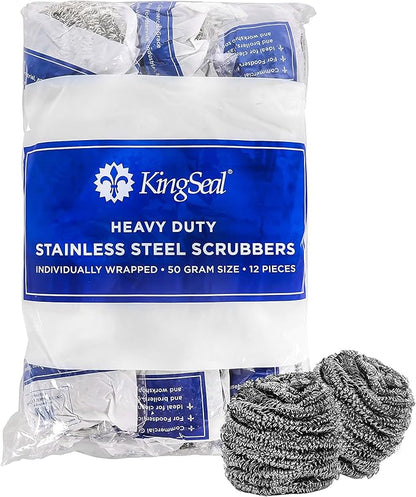 12 Count | KingSeal Stainless Steel Scrubbers, Scrub Pads, Heavy Duty, 50 gram Weight, Individually Wrapped - 1 Pack of 12