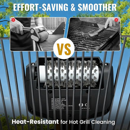 Electric Grill Brush, Grill Cleaner with LED Light & Battery Power Display, 350 RPM Shed-Free Steel Bristles, Removable Brush Head, Cordless & Type-C Rechargeable Grill Scraper for Outdoor BBQ