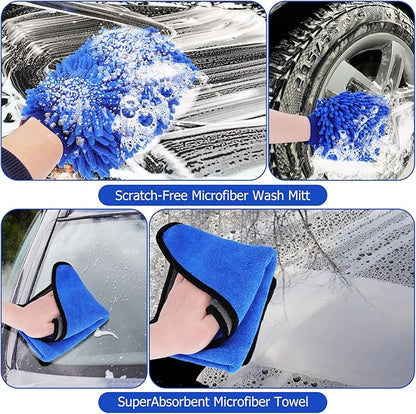 SLIIMU Max 66'' Car Wash Brush with Long Handle & 15° Curved Extension Pole, Microfiber Soft Car Wash Mop Cleaning Tool Kit Include Replacement Head, Towel, Mitt for Clean RV SUV Truck