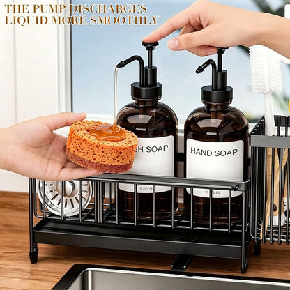 Kitchen Soap Dispenser Set with Sponge Holder and Towel Rack, 17OZ Glass Bottle, Hand and Dish Soap Dispenser Set, Non-Slip Silicone Pad, Brush Holder, Kitchen Sink Caddy Organizer Countertop (Amber)