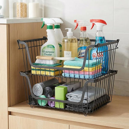 2 Pack Trash Bag Dispenser, Stackable Garbage Bag Holder Cleaning Supplies Organizer, Space-Saving Under Sink Organizer, Metal Wire Storage Basket for Laundry Room Kitchen Pantry Storage