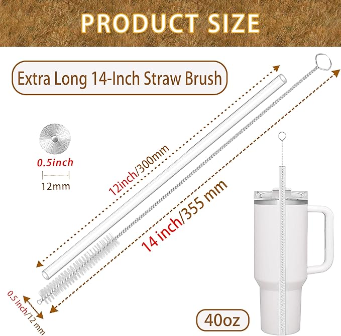 Straw Cleaner Brush Extra Long 14 Inch, 8-PCS Straw Brush Extra Long with 304 Stainless Steel Handle, Extra Long Pipe Tube Cleaner for Water Bottle, Coffee Kettle and Pipes.