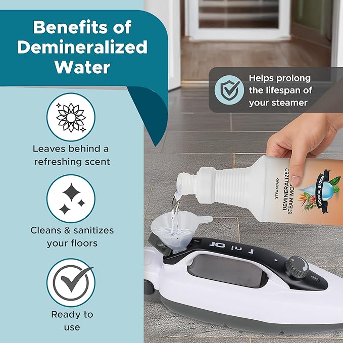Steam & Go Demineralized Water for Steam Cleaner - PVC-Free Floor Cleaning Solution Compatible for All Steam Mops - Multi-Surface Cleaner for Home Surfaces - Tropical Bloom Scent, 32 oz
