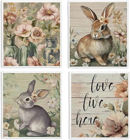 Vintage Bunny Swedish Dishcloths for Kitchen, Swedish Dish Cleaning Cloths for Floral，Papaya Reusable Paper Towels, 4 Pack Dish Towels for Kitchen, Reusable Dishcloths Washable