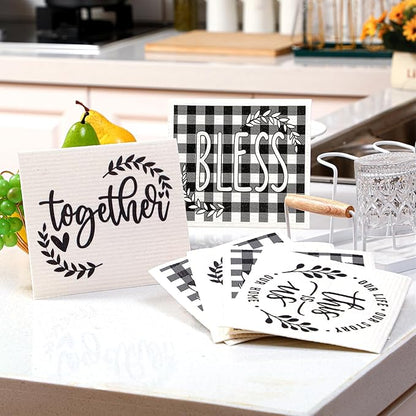 Funtery 6 Pcs Swedish Farmhouse Dishcloths Kitchen Black and White Buffalo Plaid Multipurpose Cellulose Sponge Cloths Love Family Together Home Reusable Towels for Kitchen Bathroom Cleaning Counters
