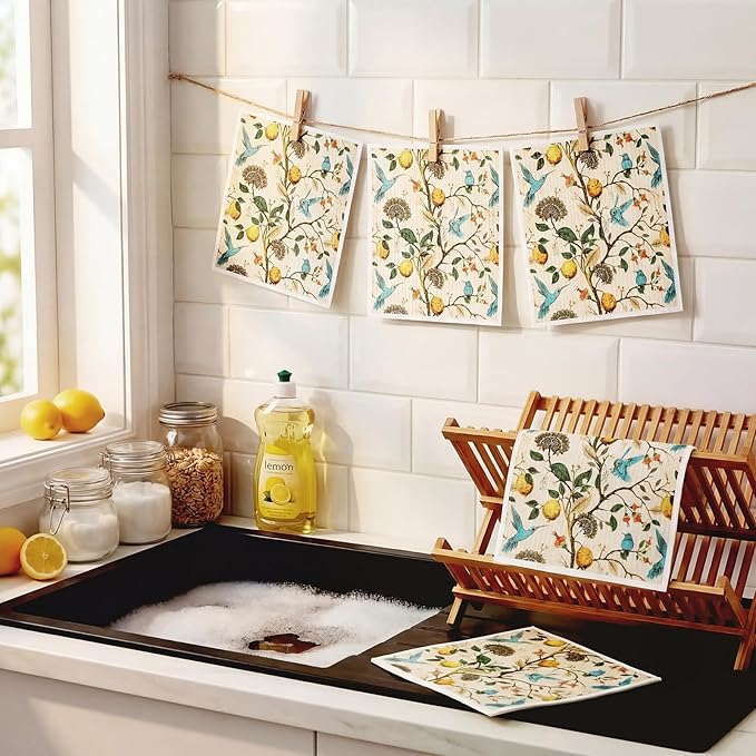 Sliner Swedish Lemon Birds Dishcloths for Kitchen Dish Towels 6 Pack Reusable, Machine Washable Non-Scratch Reusable Paper Towels Absorbent Washable Dish Cloths