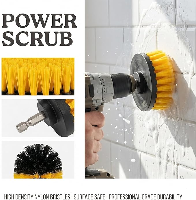 Drill Brush Attachment Set, 5 Pack Power Scrubber Cleaning Brush Kit with Extension Rod for Bathroom, Tub, Tile, Grout, Kitchen, Floor and Wheel Rims (Yellow)
