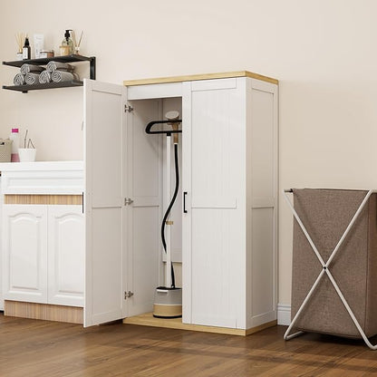 Wooden 55" Tall Broom Closet Storage Cabinet for Vacuum Cleaner & Floor Scrubbers with 2 Doors and Adjustable Shelf, Cleaning Supply Cabinet with Bottom Openwork for Laundry Room, Garage