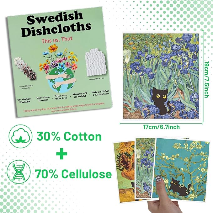 Swedish Dishcloths for Kitchen, 6PCS Black Cat Cellulose Sponge Reusable Paper Towels Washable, Absorbent Fast Drying Swedish Dish Cloth for Home Cleaning