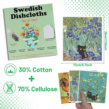 Swedish Dishcloths for Kitchen, 6PCS Black Cat Cellulose Sponge Reusable Paper Towels Washable, Absorbent Fast Drying Swedish Dish Cloth for Home Cleaning
