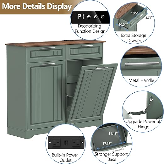 Double 10 Gallon Tilt Out Trash Can Cabinet with Deodorizing Function and Power Outlet, Wooden Hidden Garbage Can Holder with 2 Storage Drawers for Kitchen, Laundry Hamper Cabinet for Bathroom, Green