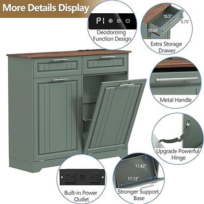 Double 10 Gallon Tilt Out Trash Can Cabinet with Deodorizing Function and Power Outlet, Wooden Hidden Garbage Can Holder with 2 Storage Drawers for Kitchen, Laundry Hamper Cabinet for Bathroom, Green