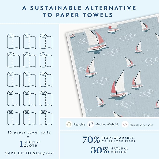 ELYN Swedish Dishcloths, Reusable & Washable Sponge Cloths, Absorbent Cleaning Paper Towels for Kitchen, Dishes, Counters and More, 5 Pack, Classic Coastal