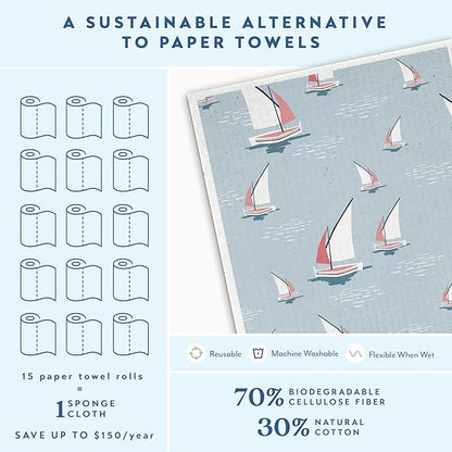 ELYN Swedish Dishcloths, Reusable & Washable Sponge Cloths, Absorbent Cleaning Paper Towels for Kitchen, Dishes, Counters and More, 5 Pack, Classic Coastal