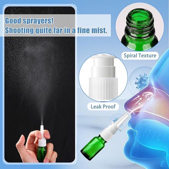 10 Pcs Nasal Spray Bottle, 10ML/0.35OZ Empty Glass Green Nasal Nose Spray Bottles Refillable with 2 Funnels and 2 Labels